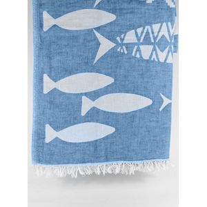 uit Turkije By Aquatolia Hamamdoek Hierapolis met Witte Vissen - 100% Zacht Katoen - Strandlaken - Handdoek - Donker Blauw - 100cm x 180cm - Originele hamamdoek uit Turkije