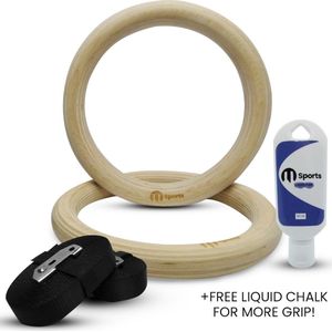 M sports Gym Rings gymnastiekringen, hout, turnringen, crossfit, fitness, training, Olympische Gespenriemen, Homegym, Bodybuilding, Pull-ups en dips, krachttraining gymrings M sports inclusief gratis liquid chalk!