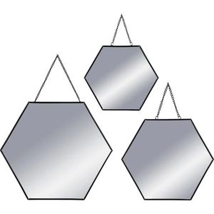 Spiegel Met Metalen Ketting- Hexagon- Set Van 3- Zwart