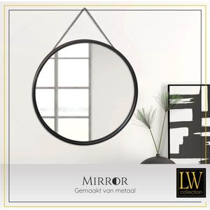 LW Collection wandspiegel met touw zwart rond 50x50 cm metaal - grote spiegel muur - industrieel - woonkamer gang - badkamerspiegel - muurspiegel slaapkamer zwarte rand - hangspiegel met luxe design
