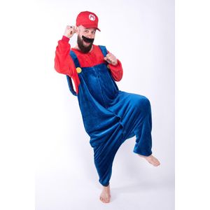 KIMU Onesie Rood Blauwe Overall met Pet - Maat 128-134 - Pak Kostuum Kinderen Jumpsuit Huispak Fleece Pyjama Jongen Mario Loodgieter Fleece