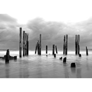 Dibond - Zee / Water / Strand - Strand in grijs / wit / zwart - 100 x 150 cm