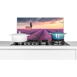 Spatscherm - Spatwand - Lavendel - Schuur - Bloemen - Zonsondergang - 60x30 cm - Spatscherm keuken - Keuken achterwand - Muurbeschermer