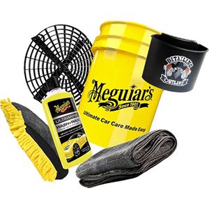 Meguiars autowasset: Meguiars Wash & Wax Shampoo 473 ml Meguiars was-emmer 5 Gal. (19 liter) ,Grit Guard vuilafscheider, Detailing Outlaws Buckanizer Black, Detailmate 3-in-1 washandschoen, detailamte microvezel droogdoek 50x80 1100 gsm