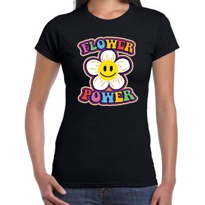 Toppers Jaren 60 Flower Power verkleed shirt zwart met emoticon bloem dames - Sixties/jaren 60 kleding S