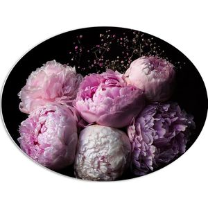 WallClassics - PVC Schuimplaat Ovaal - Roze/Paarse Bloemen tegen Zwarte Achtergrond - 80x60 cm Foto op Ovaal  (Met Ophangsysteem)