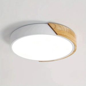 LuxiLamps - Houten LED Plafondlamp - Scandinavische Stijl - Wit Licht 6000K - Hout/Grijs - Moderne Lamp - Rond - 30 cm - 20W