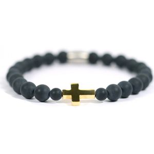 Heren armband Goud RVS kruis edelsteen matte onyx - IbizaMen -20cm