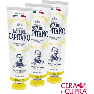 Pasta del Capitano 1905 Limone di Sicilia - 3 tubes tandpasta € 8,95 per stuk, inclusief tubeknijper: the taste of Italy met biologisch citroenextract uit Sicilië, een heerlijk frisse smaak en beschemt uw tanden en tandvlees