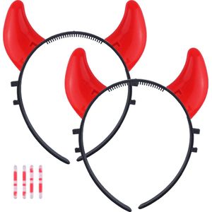 Halloween duivel hoorntjes - 2x - glow in the dark - diadeem - rood - kunststof