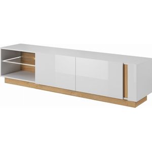 TV meubel Arco 187, TV kast voor de woonkamer, modern wit hoogglans + hout, LED, breedte 187,5 cm