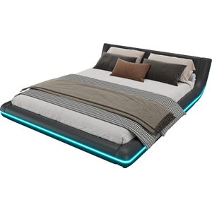 Merax Laag Bed 160x200 cm - Zwart PU Design met LED-sfeerverlichting, 24-toetsen Afstandsbediening en Inclusief Matras