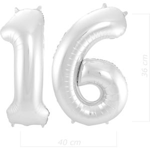 Ballon Cijfer 16 Jaar Zilver 36Cm Verjaardag Feestversiering Met Rietje