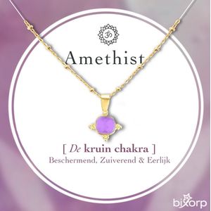 Bixorp Gems Gouden Dames Ketting met Amethist hanger - Kruin Chakra - 18 Karaat Verguld Goud & Roestvrij Staal - 36cm + 8cm verstelbaar