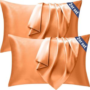 Zijdeachtige Satijnen Kussenslopen 40 x 70 cm - Set van 2 - Veganistisch en Zacht voor Haar en Huid - Oranje
