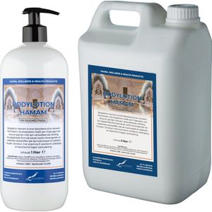 Bodylotion Hamam 1 liter met gratis pompje - hervulbaar + Jerrycan 5 liter navulling