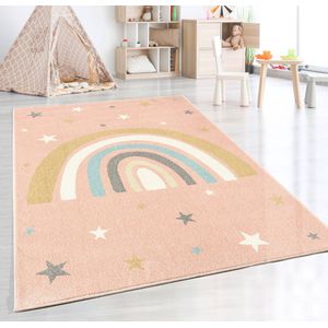 the carpet Beat Kids Modern Soft Kinderdeken, Zachte pool, gemakkelijk te reinigen, Kleurecht, Regenboogpatroon, Roze, 160 x 220 cm