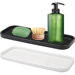 Siliconen Gootsteenrek - 2-Delig - 23 cm X 9 cm - Sponsrek Keuken Badkamer - Organiser Afdruipmat - Vaatwasmachinebestendig - Voor Sponzen Afwasmiddel Zeep Borstels - Zwart Wit