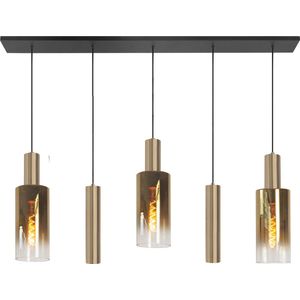 Zwarte eettafellamp Perugia | 5 lichts | zwart / goud / helder | glas / metaal | in hoogte verstelbaar tot 165 cm | 120 cm breed | 2 x GU10 / 3 x E27 | eetkamer / keuken | dimbaar | modern / sfeervol design