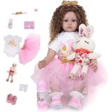 Reborn baby pop 'Naomi' - 60 cm - Meisje met lange, bruine krullen - Met romper, rok, schoenen, knuffel, speen en fles - Soft silicone - Levensechte babypop