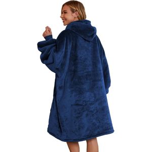 Blivener Oversized sweatshirt deken, unisex Sherpa hoodie deken, draagbare knuffeldeken met mouwen en zak - donkerblauw.