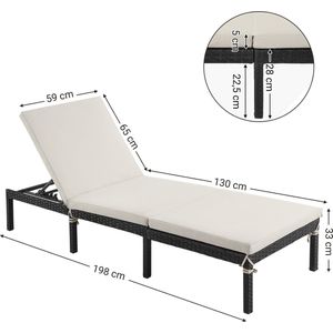 Signature Home Bombay Zonneligstoel - ligstoel - tuinligstoel - met 5 cm dik kussen - polyrotan - rugleuning verstelbaar - tot 150 kg belastbaar- tuin- balkon- beige - 59 x 198 x 28 cm