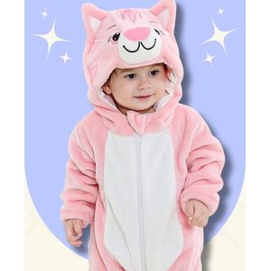 BoefieBoef Poes Kat Roze Dieren Onesie & Pyjama voor Baby & Dreumes en Peuter tm 18 maanden - Kinder Verkleedkleding - Dieren Kostuum Pak - Wit
