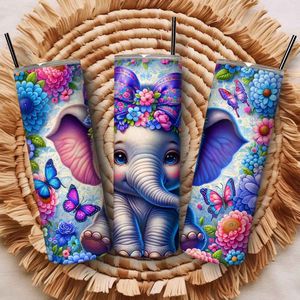 Olifant met bloemen roestvrijstalen tumbler beker met deksel en rietje - koffie drinkbeker - thermosbeker to go - koffiebeker - thermos beker - reismok - travel mug - houdt drankjes warm of koud gedurende 6 uur - voor in de auto - voor onderweg