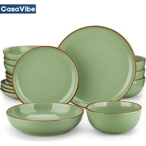 CasaVibe Luxe Serviesset – 16 delig – 4 persoons – Porselein - Bordenset – Dinner platen – Dessertborden - Kommen - Mokken - Set - Groen - Nimf