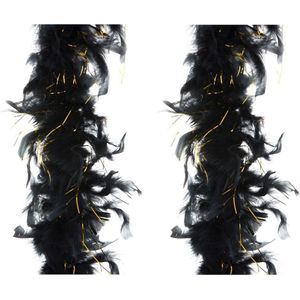 2x stuks carnaval verkleed veren Boa kleur zwart met goud 2 meter - Verkleedkleding accessoire