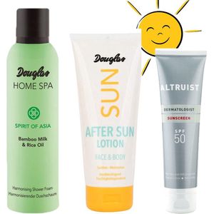 Zonnebrand tube factor 50 100 ml van Altruist en after sun lotion van Douglas. Nu met gratis Home spa Shower foam van Douglas.