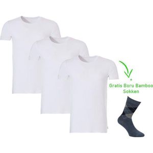 Bamboo T-Shirt - Ronde Hals - Super zacht - Antibacterieel - Perfect draagcomfort - 95% Bamboo - 3 stuks - 1 paar bamboo sokken cadeau - Wit - S