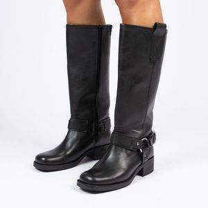 Manfield - Dames - Zwarte leren hoge laarzen met zilverkleurige details - Maat 42