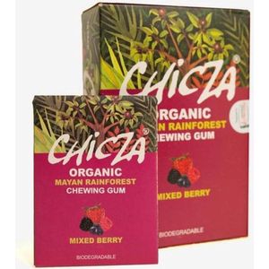 KAUWGOM. 10 DOOSJES MET 12 KAUWGOMS. CHICZA ROOD FRUIT. BIOLOGISCH.