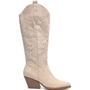 SmileFavorites® Dames Cowboylaarzen met Hak - Beige - Suedine - Maat 36