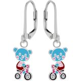 Oorbellen meisje | Zilveren kinderoorbellen | Zilveren oorhangers, blauw beertje op fiets met kristal wielen