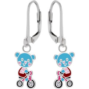 Oorbellen meisje | Zilveren kinderoorbellen | Zilveren oorhangers, blauw beertje op fiets met kristal wielen