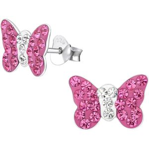 Joy|S - Zilveren vlinder oorbellen - 12 x 8 mm - kristal roze wit - oorknoppen