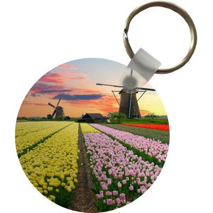 Sleutelhanger - Windmolen - Tulpen - Bloemen - Nederland - Plastic - Rond - Uitdeelcadeautjes