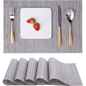 Placemats Set van 6, Vinyl Placemats Geweven Wasbaar Hittebestendige Antislip Geschikt voor Keuken Familie Restaurant Koffiebar (Zilvergrijs)