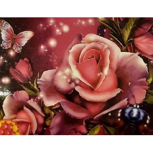 Denza - Diamond painting volwassenen 40 x 50 cm roos met vlinder nieuw volledige bedrukking ronde steentjes direct leverbaar - rozen - roos - vlinder - butterfly - bloem - bloemen - takken - bladeren - unieke schilderij- rups