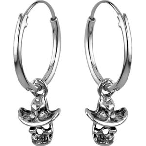 Zilveren oorbellen | Oorring met hanger | Zilveren oorringen met hanger, doodshoofd