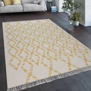 Paco Home vloerkleed woonkamer Boho stijl franje handgeweven wol-katoen mengsel geel 60x110 cm