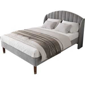 Merax Gestoffeerd Tweepersoonsbed 140x200 cm - Fluwelen Bed met Luxe Hoofdbord - Grijs