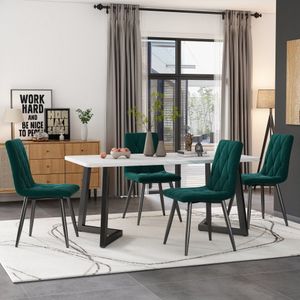 Eetset - 117×68cm eettafel met 4 stoelen - Rechthoekige eettafel Moderne keukentafelset - Eetkamerstoel - Donkergroen keperstof fluwelen keukenstoel - Zwart tafelpoten