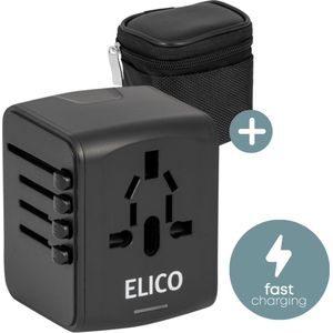 Elico Universele Wereldstekker - USB-C Fast Charging & 3 USB-A Poorten - Inclusief Beschermhoesje - Internationale Reisstekker voor 170+ Landen - Amerika (USA) - Engeland (UK) - Australië - Azië - Zuid Amerika - Europa - Thailand - Afrika - Zwart