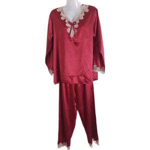 Dames Pyjama - Satijn - 2 Delig - Merk notte stella - Kleur Bordeauxrood & Beige - Met Kant - Maat 36/38- Cadeau - Kerst