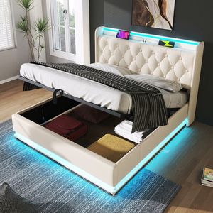 Sweiko Tweepersoonsbed - 140*200 cm - LED-verlichting - USB Type-C oplaadfunctie - PU materiaal - Zonder matras - Wit
