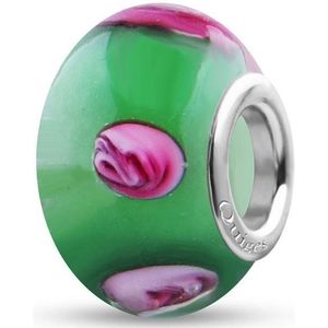 Quiges - Glazen - Kraal - Bedels - Beads Groen met Roze Rozen Past op alle bekende merken armband NG2021