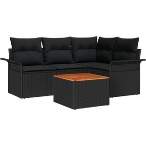 vidaXL - 5 - Delige - Tuin - Sofa - Set - met - Kussens - Zwart - Poly - Rattan - Acacia